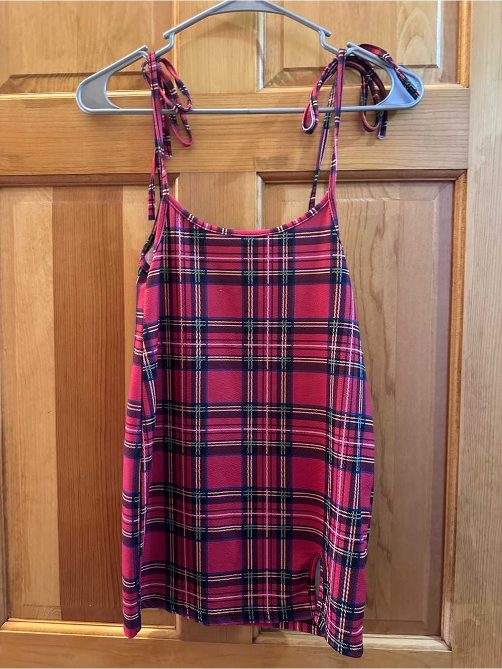 Plaid Tie-Shoulder Dress in Red Plaid Christmas